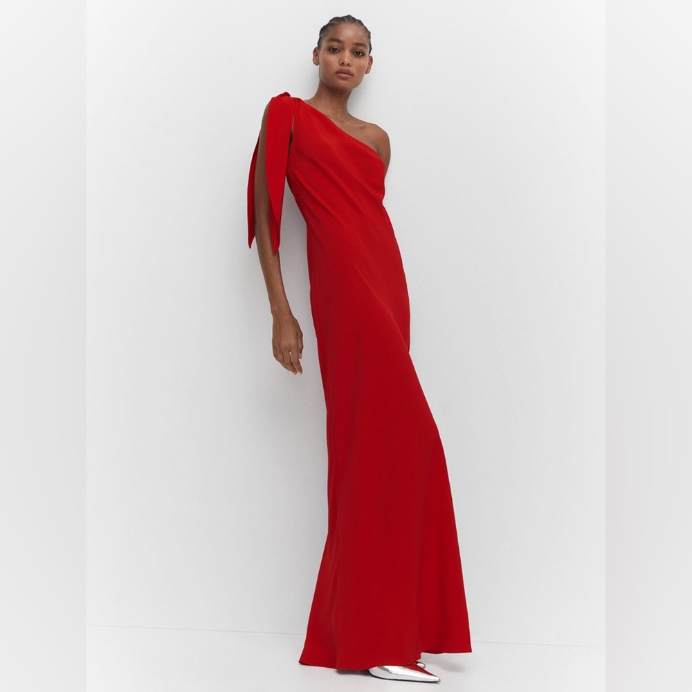 Mango maxi red dress with bow one shoulder